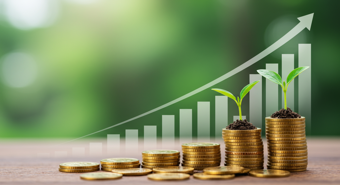 A vibrant, motivational image showing a seedling growing from a stack of coins, with a bright, upward-trending graph in the background. Description: Foreground: A small green seedling sprouting from a pile of gold coins, symbolizing money growing through smart investments. Background: A clean, modern graph or chart with an upward arrow, representing financial growth and success. Color Palette: Bright greens (growth), golds (wealth), and blues (trust and stability) to evoke positivity and confidence. Style: Clean, minimalist, and professional with a touch of warmth to appeal to a general audience.