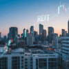 A vibrant, high-resolution image of a modern city skyline with commercial buildings, symbolizing real estate wealth and opportunity. Include a subtle overlay of a stock market graph to represent REIT investments.