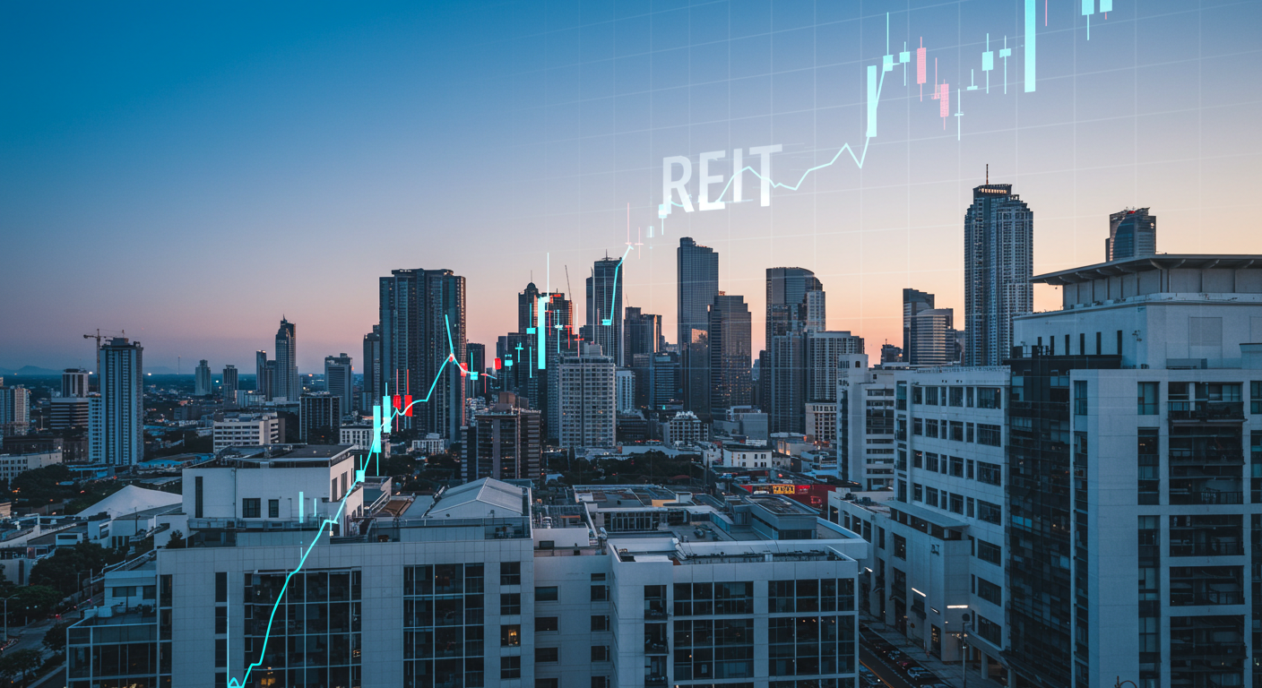 A vibrant, high-resolution image of a modern city skyline with commercial buildings, symbolizing real estate wealth and opportunity. Include a subtle overlay of a stock market graph to represent REIT investments.